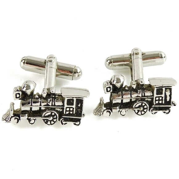 Locomotive Train Figural Cufflinks Angled Posts Silvertone - Picture 1 of 2